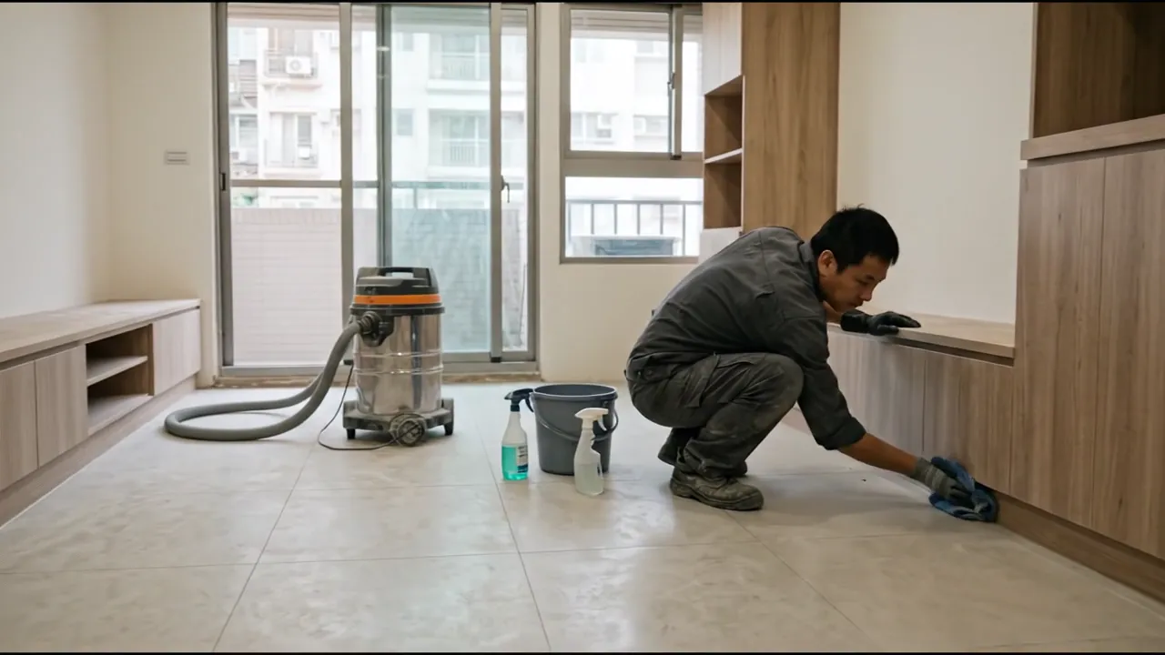 清潔人員擦拭木作櫃體，旁邊放著吸塵器與清潔用品